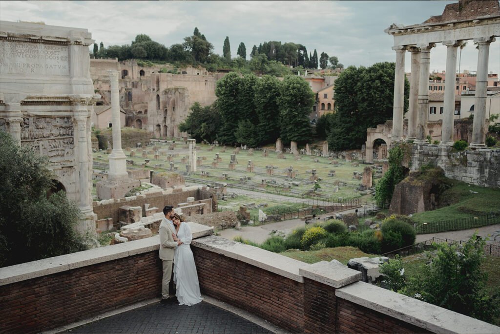 Bride standing overlooking the Roman Forum during a Rome elopement