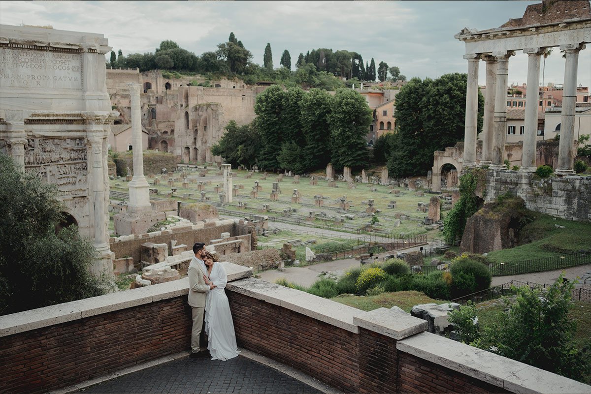 Bride standing overlooking the Roman Forum during a Rome elopement