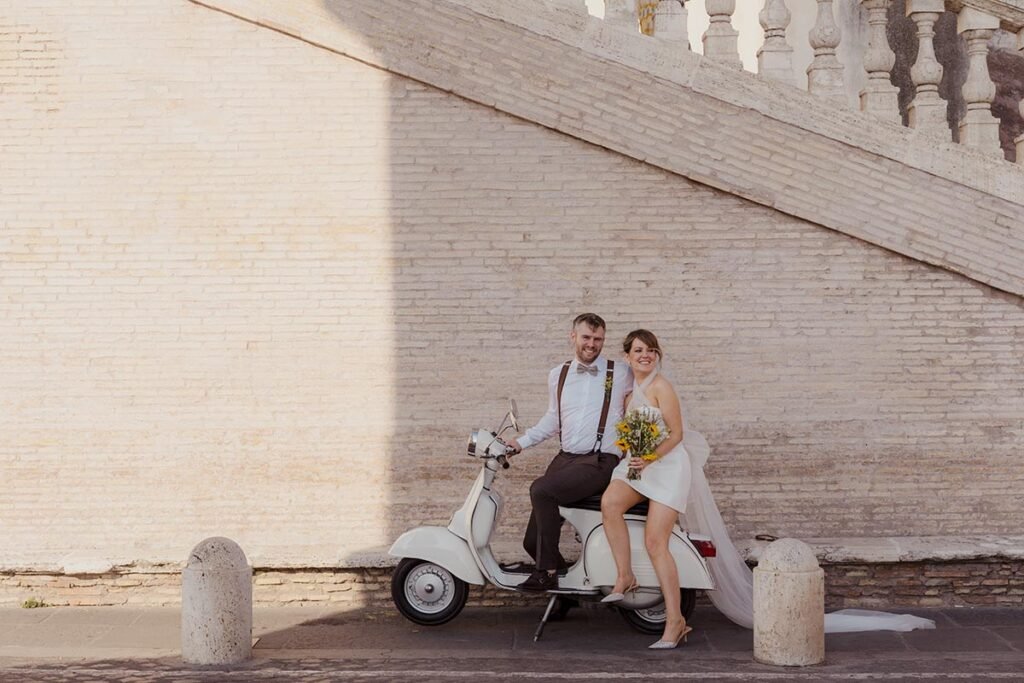 Bride and groom with temple behind them during their elopement shoot.