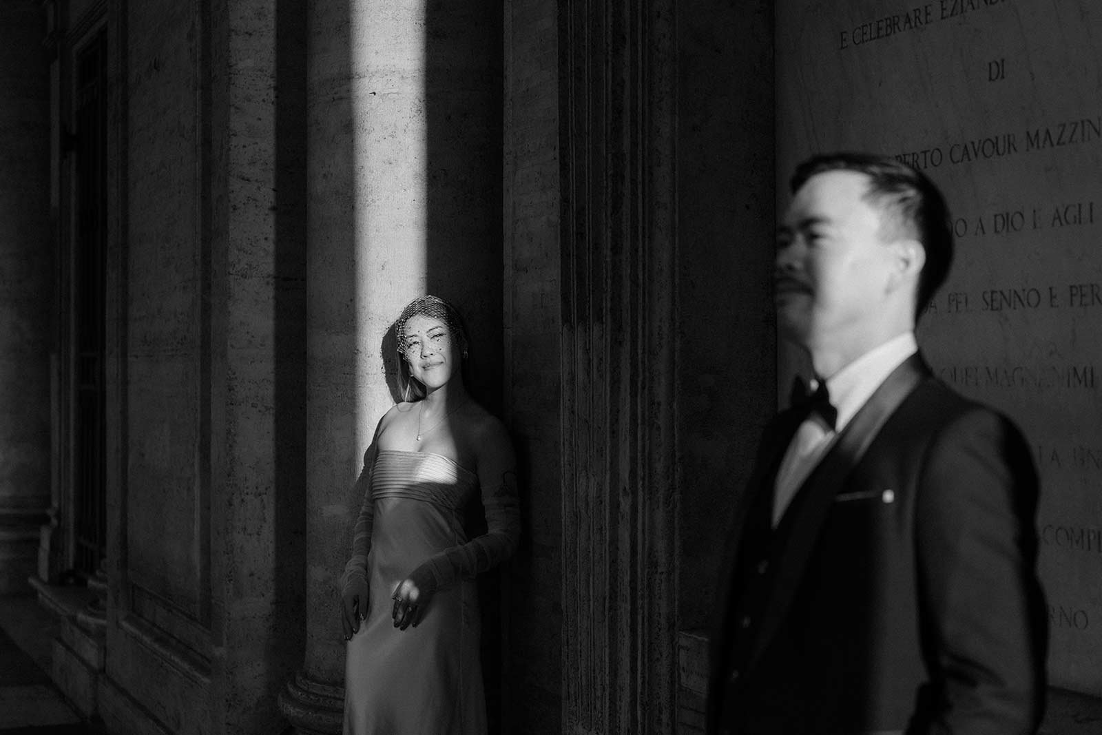 Black and white Rome elopement portrait under Pantheon archway