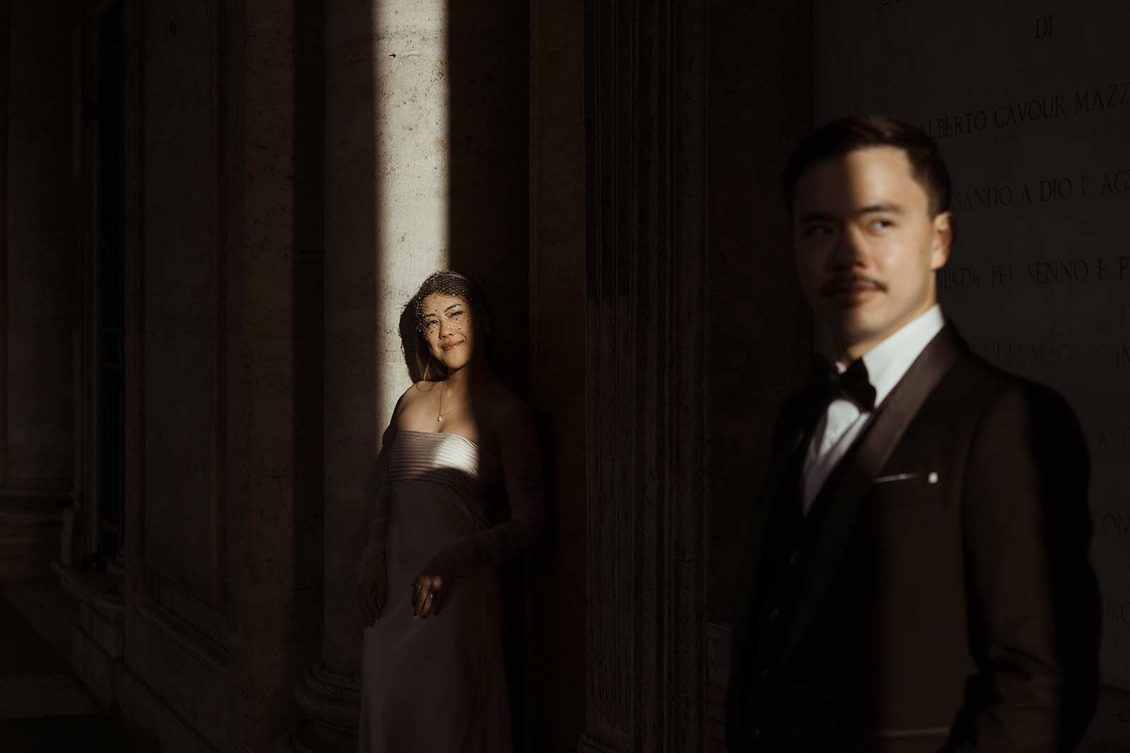 Elegant Rome elopement portrait with bride and groom at Pantheon columns