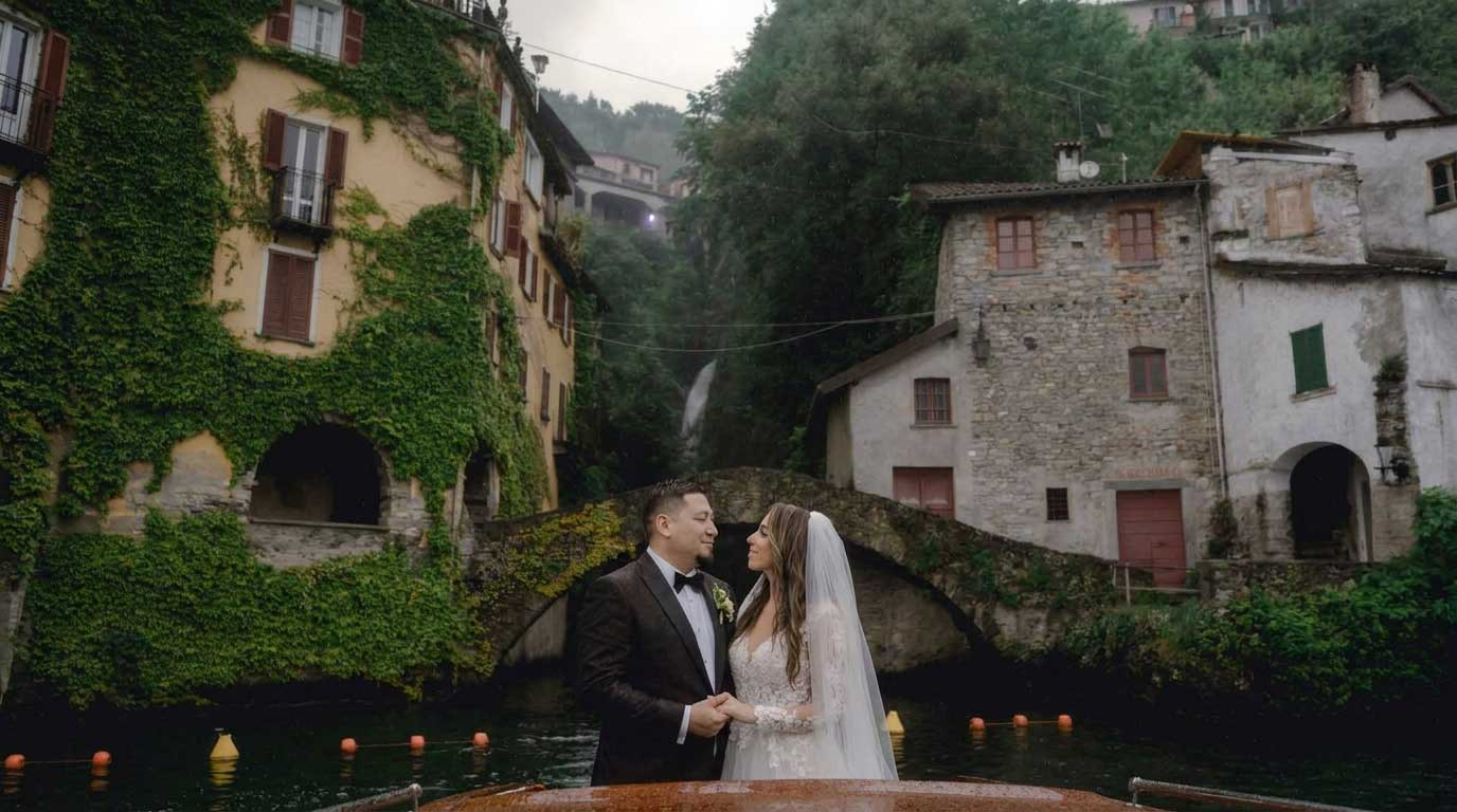 Couple embracing during a Lake Como elopement overlooking the Italian Alps.