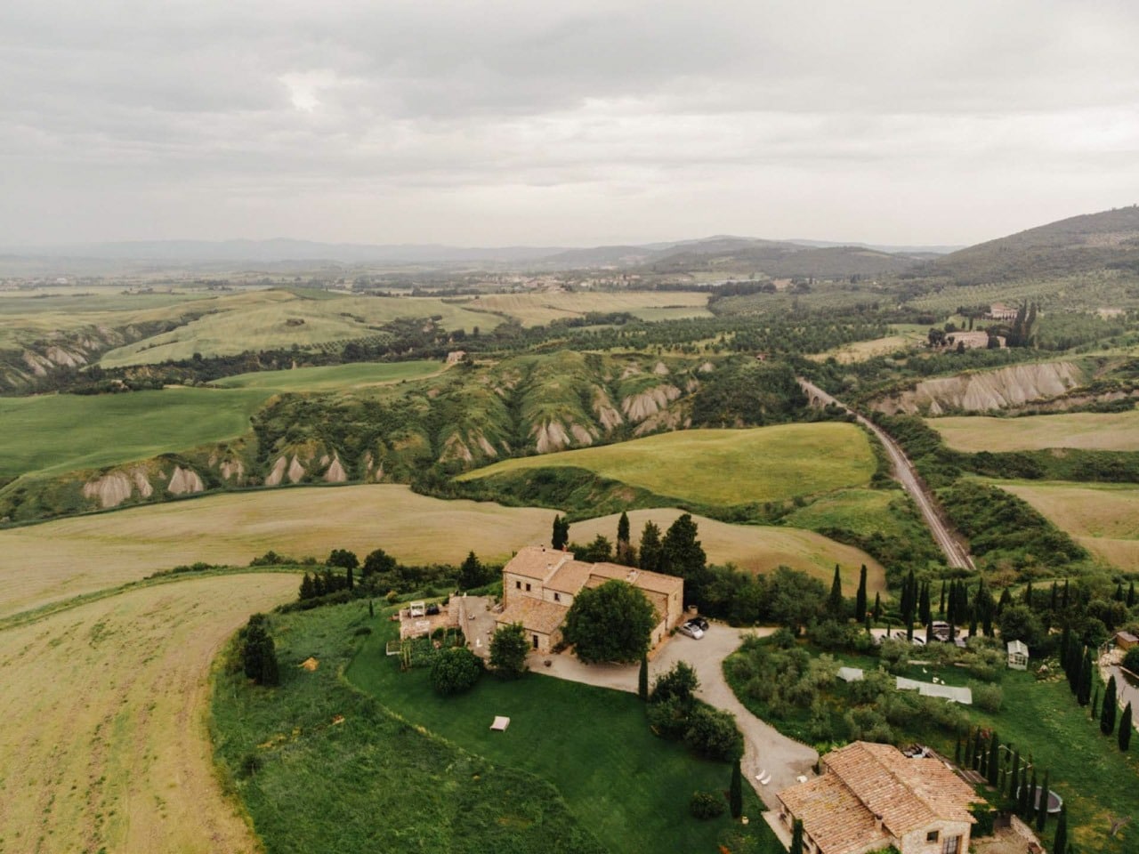 Aerial view of the Tuscan countryside, one of Italy's most iconic destinations for intimate elopements.