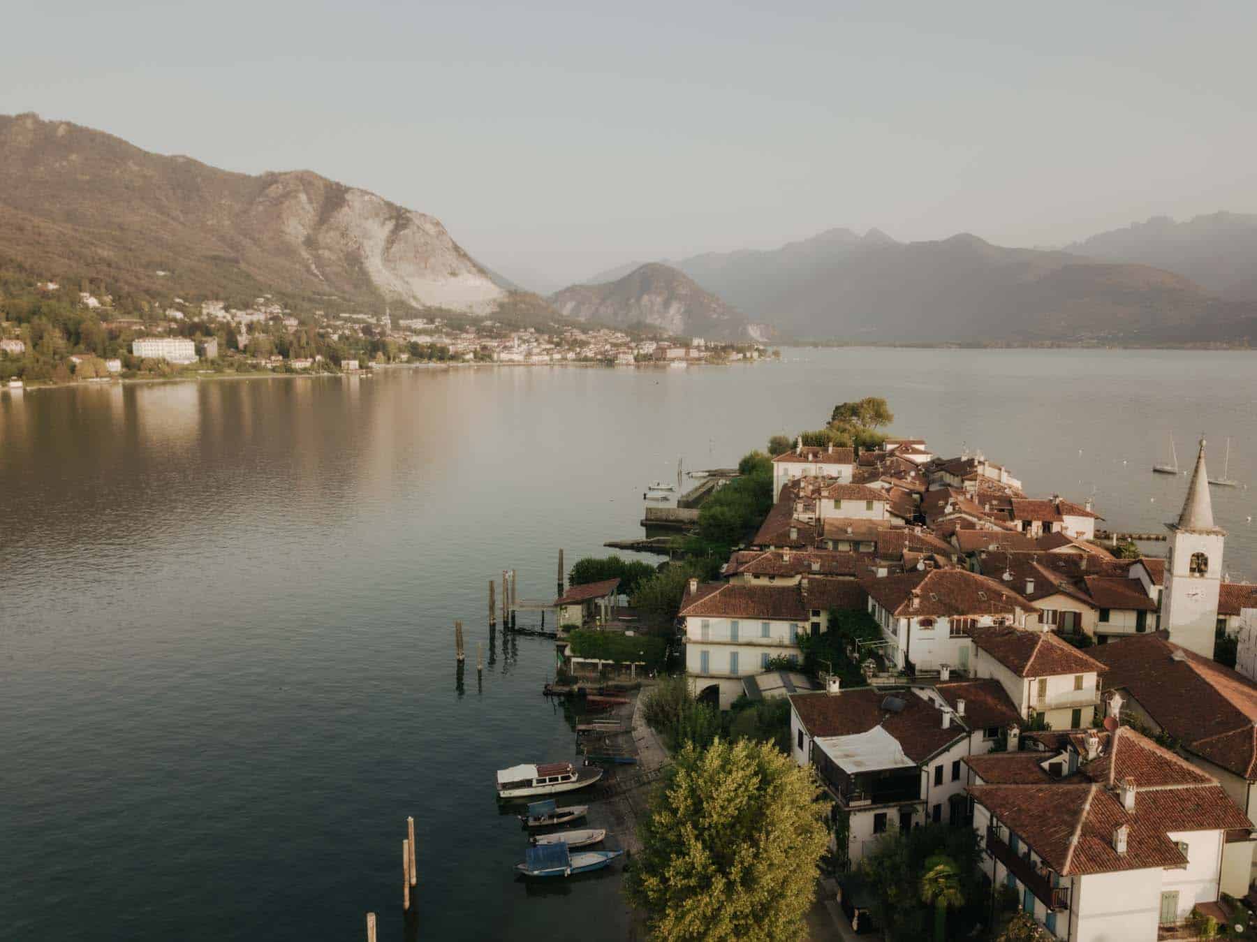 Aerial drone photograph over Lake Maggiore during an Italy elopement
